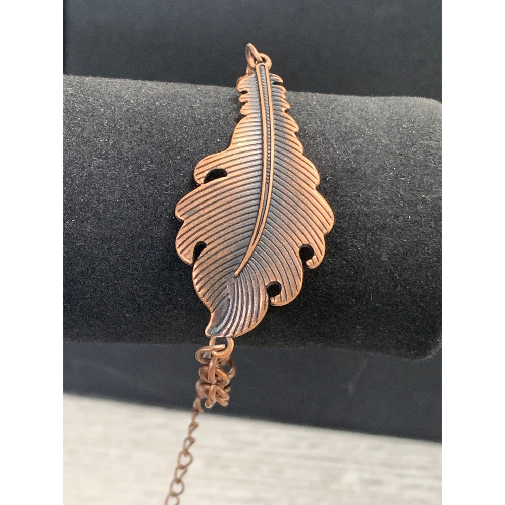 Copper Tone Leaf Charm Bracelet Nature Inspired Textured Feather Link Chain 6in